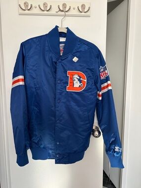 STARTER Blue Satin Broncos D Patch Bomber Jacket with Orange Accents